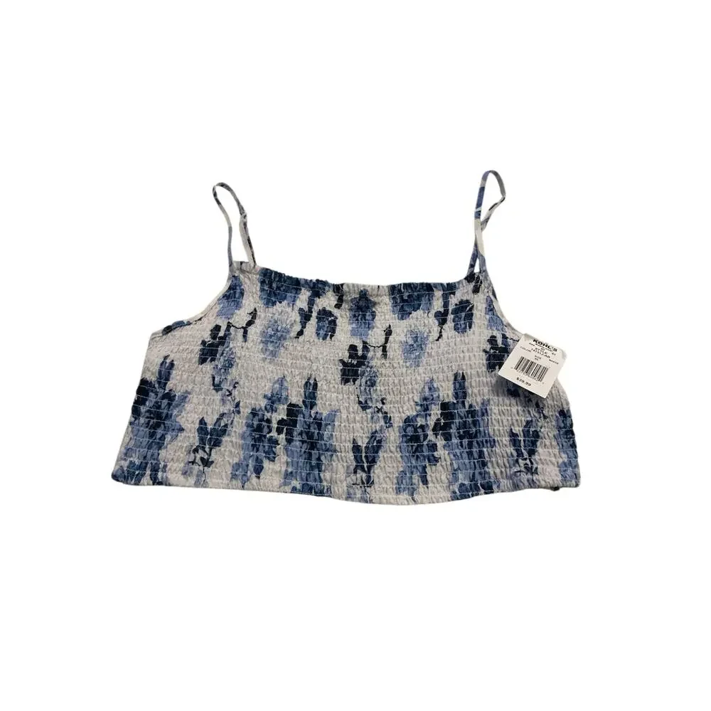 NWT Fifteen Twelve Blue White Floral Smocked Crop Tank Top Junior's Size XL